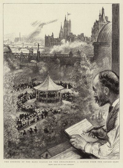 De opening van het bandseizoen op de Embankment, een schets van de Savage Club door Charles Paul Renouard